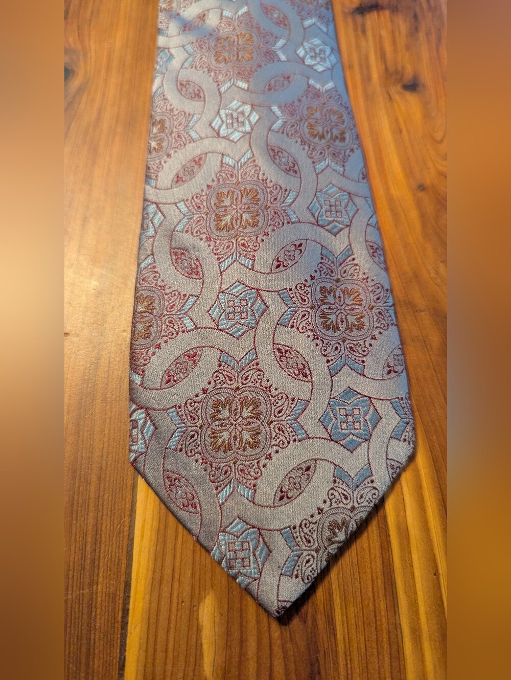 Paul Fredrick Mauve-Silver Tie with Burgundy and Light Blue Pattern